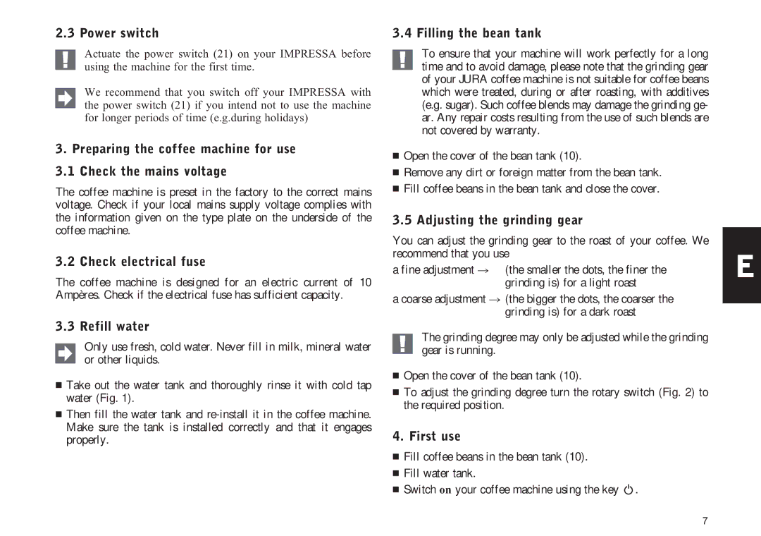 Jura Capresso F90/F9 Power switch, Check electrical fuse, Refill water, Filling the bean tank, Adjusting the grinding gear 