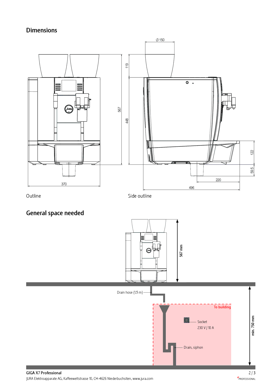 Jura Capresso GIGA X7 Professional manual Dimensions, General space needed 