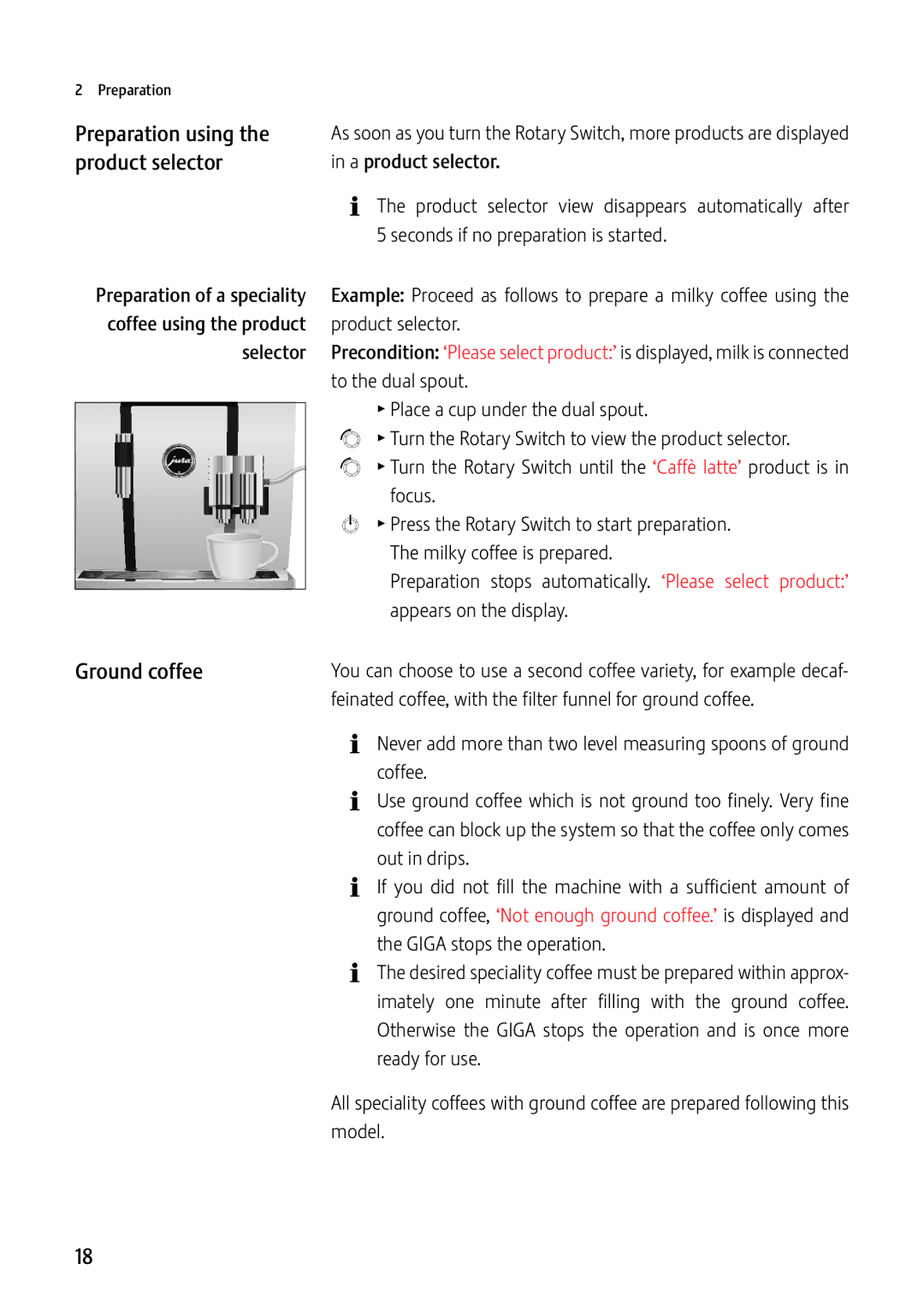 Jura Capresso GIGA X7c Professional manual Preparation using, Product selector, Ground coffee 