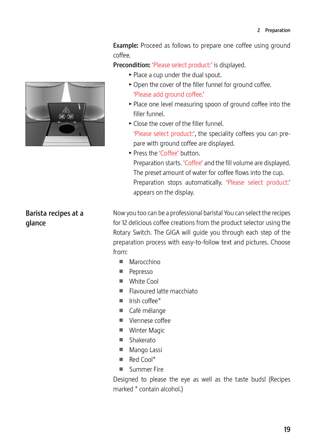 Jura Capresso GIGA X7c Professional manual Glance, ‘Please add ground coffee.’ 