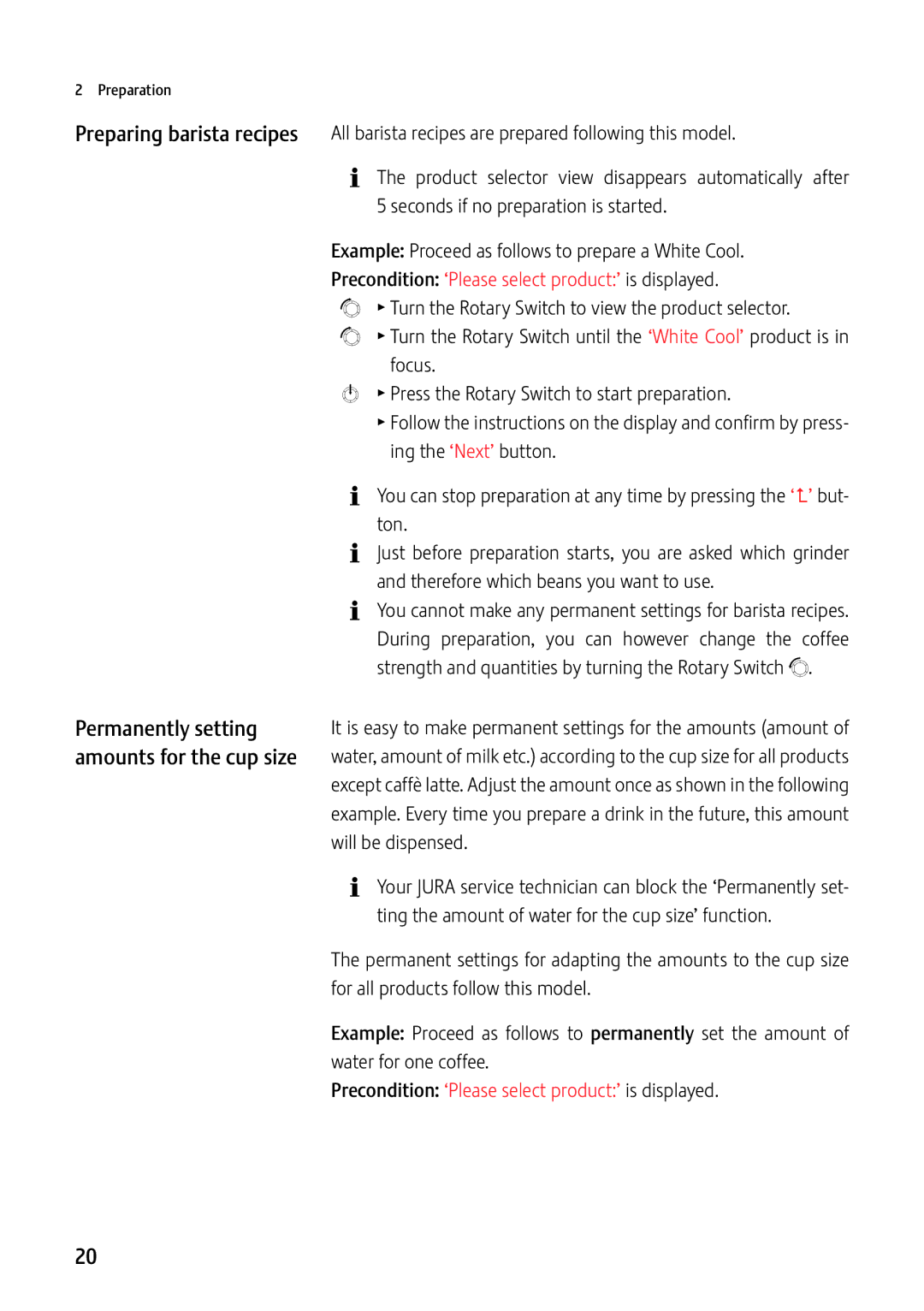 Jura Capresso GIGA X7c Professional manual Permanently setting, Amounts for the cup size 