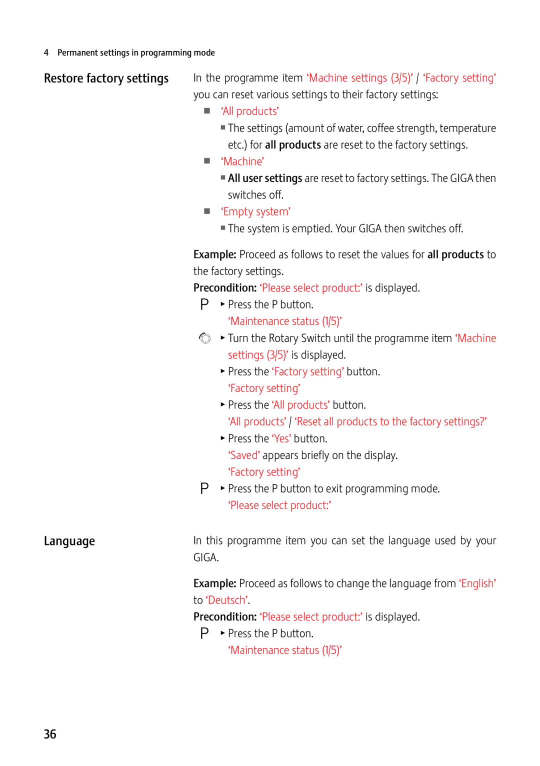 Jura Capresso GIGA X7c Professional manual Language, ‘All products’, ‘Machine’, ‘Empty system’ 