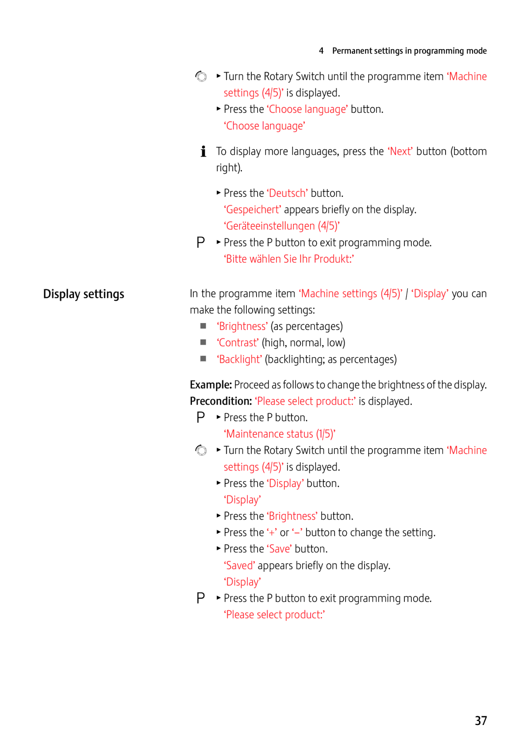 Jura Capresso GIGA X7c Professional manual Display settings, TPress the ‘Choose language’ button. ‘Choose language’ 