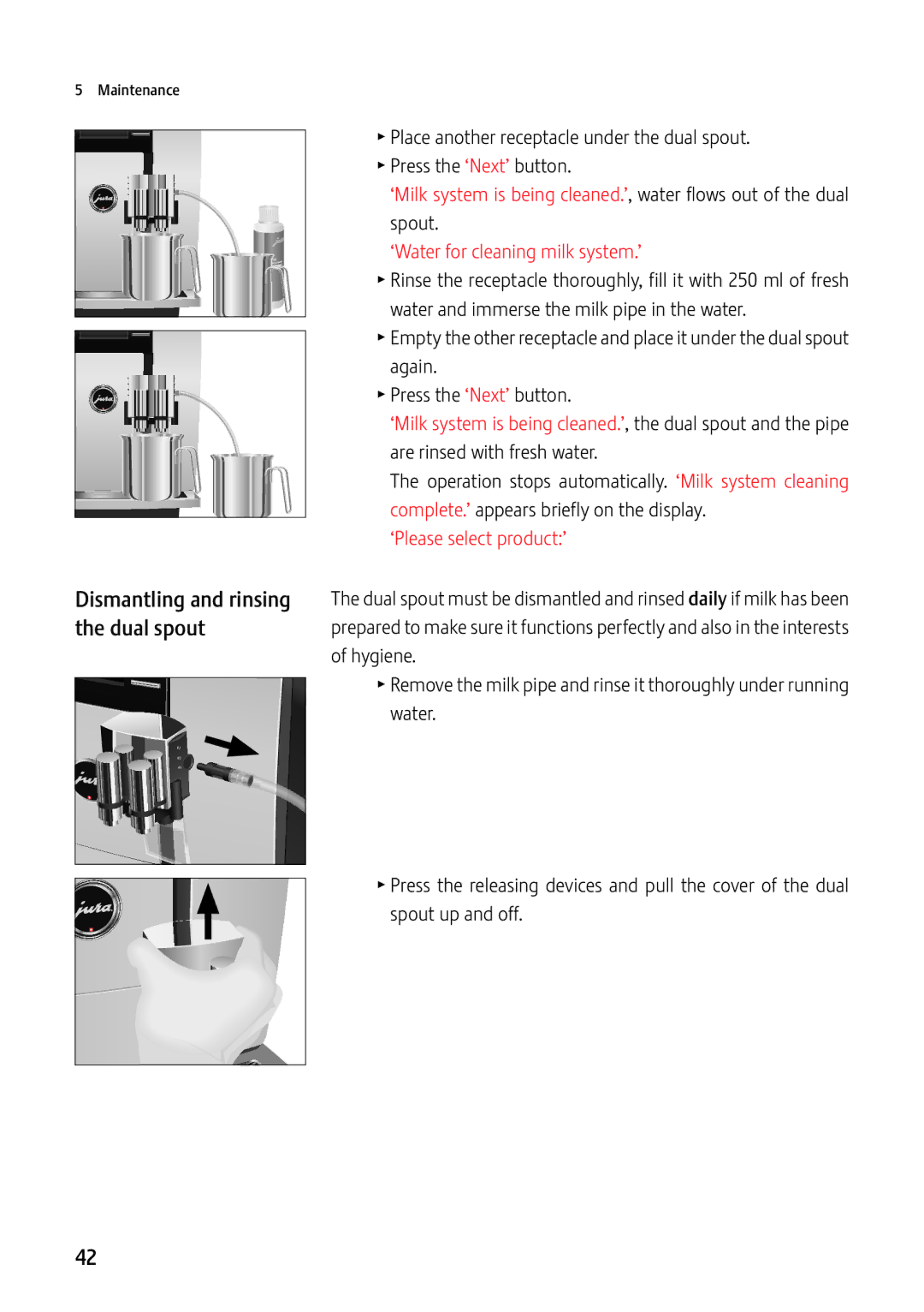 Jura Capresso GIGA X7c Professional manual Dismantling and rinsing the dual spout, ‘Please select product’ 