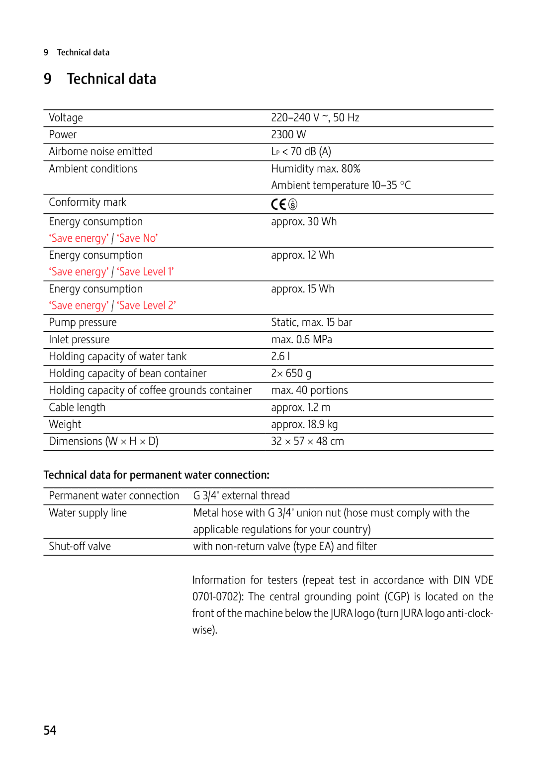 Jura Capresso GIGA X7c Professional manual Technical data, ‘Save energy’ / ‘Save No’ 