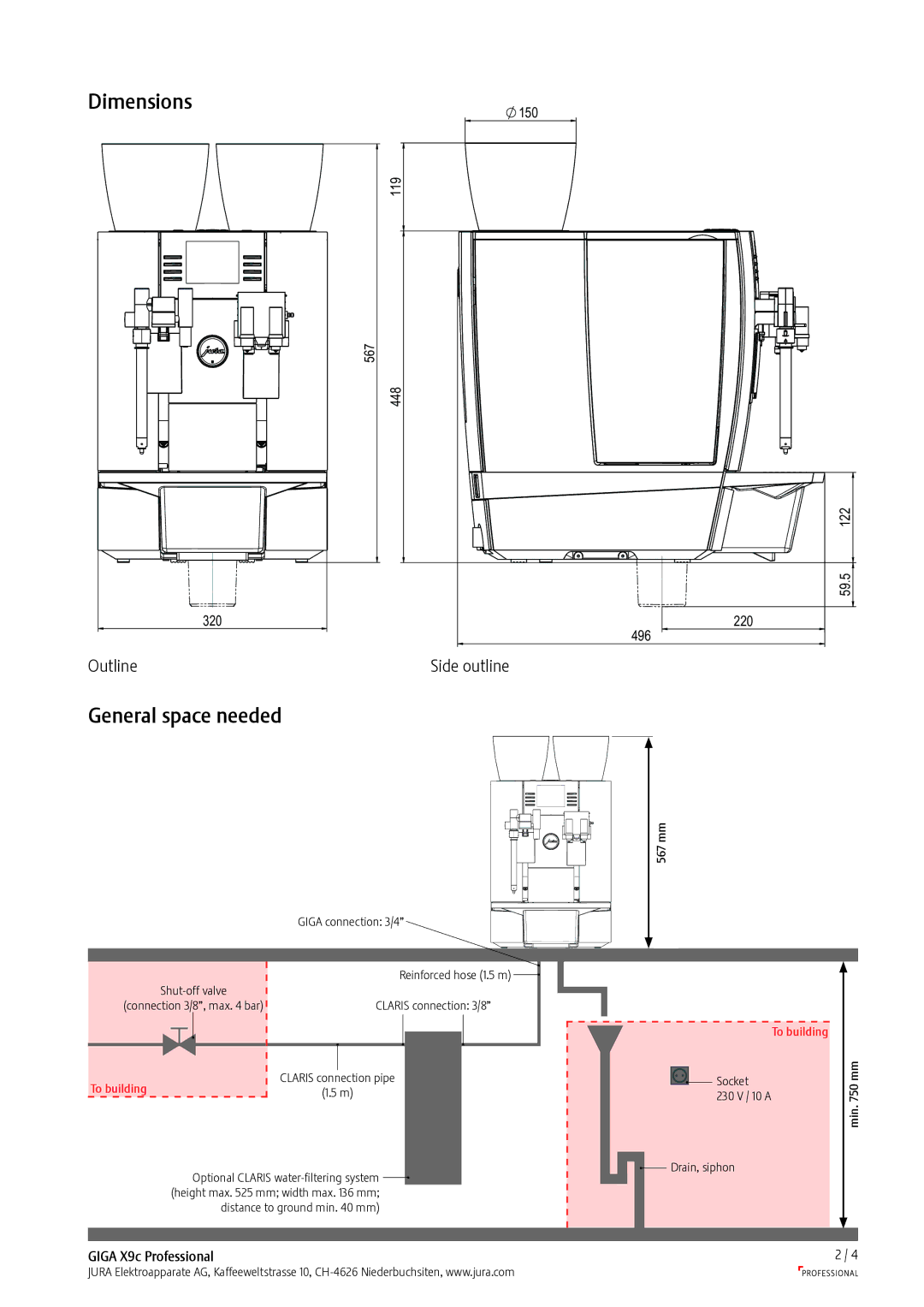 Jura Capresso Giga X9c Professional manual Dimensions, General space needed, Outline, Side outline 