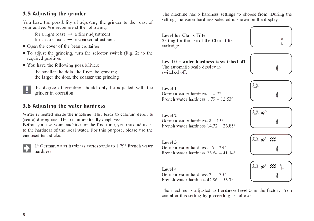 Jura Capresso IMPRESSA E65, IMPRESSA E40, IMPRESSA E60 manual Adjusting the grinder, Adjusting the water hardness 