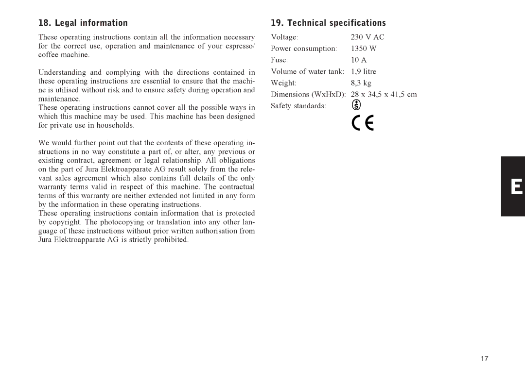 Jura Capresso IMPRESSA E50, IMPRESSA E55 manual Legal information, Technical specifications 