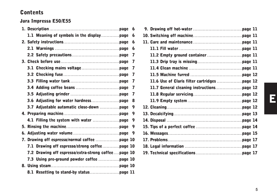 Jura Capresso IMPRESSA E50, IMPRESSA E55 manual Jura Impressa E50/E55, Contents 