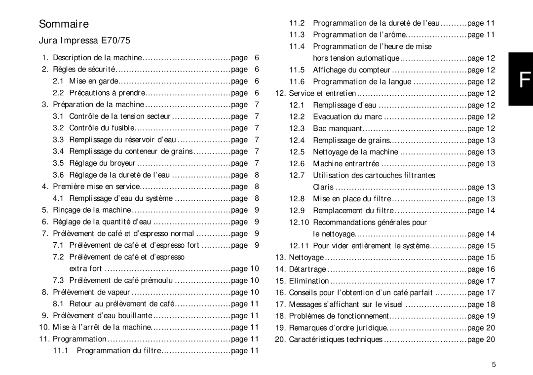 Jura Capresso Impressa E70/75 manual Sommaire 
