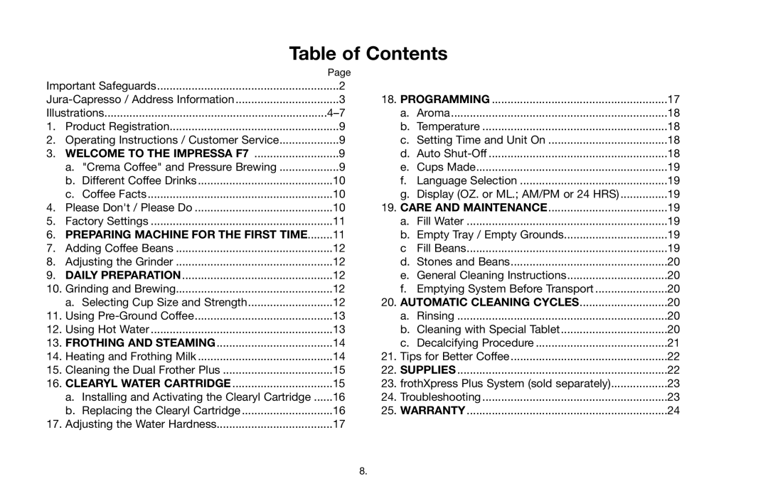 Jura Capresso Impressa F7 warranty Table of Contents 