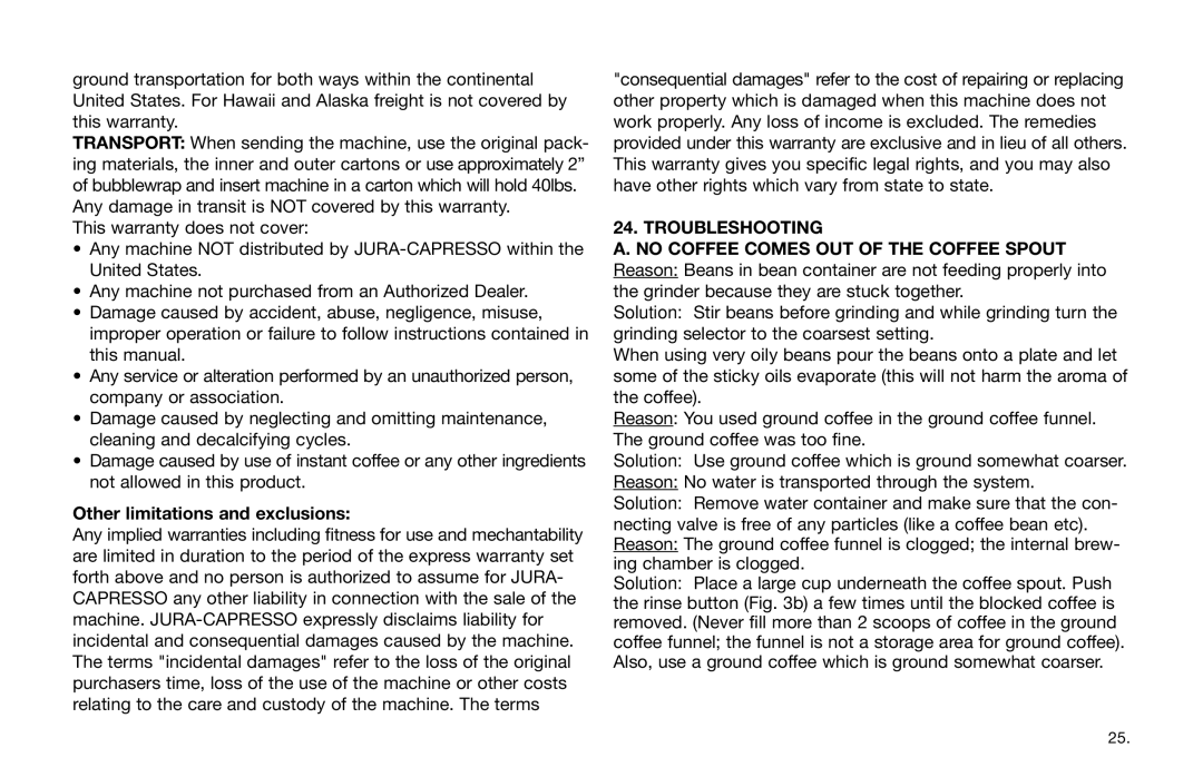 Jura Capresso Impressa F9 warranty Other limitations and exclusions, Troubleshooting 