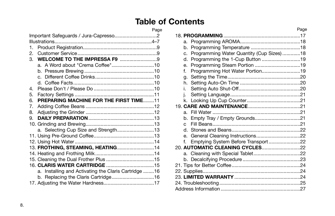 Jura Capresso Impressa F9 warranty Table of Contents 