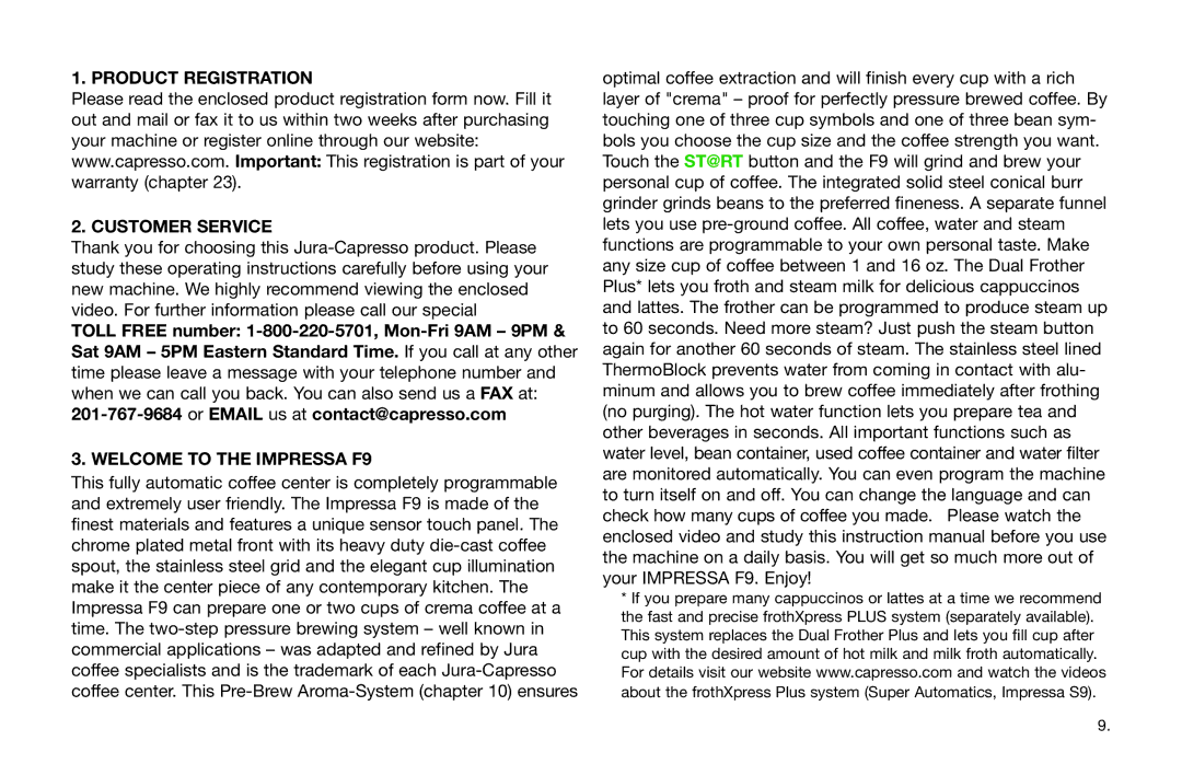 Jura Capresso Impressa F9 warranty Product Registration Customer Service 