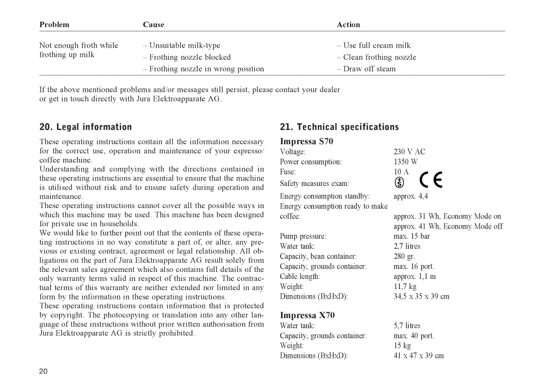 Jura Capresso IMPRESSA S70, IMPRESSA X70 manual Legal information Technical specifications, Impressa S70 