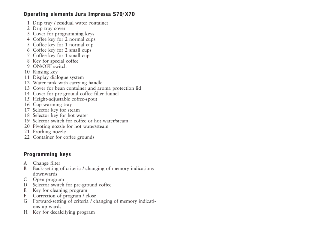 Jura Capresso IMPRESSA X70, IMPRESSA S70 manual Operating elements Jura Impressa S70, Programming keys 