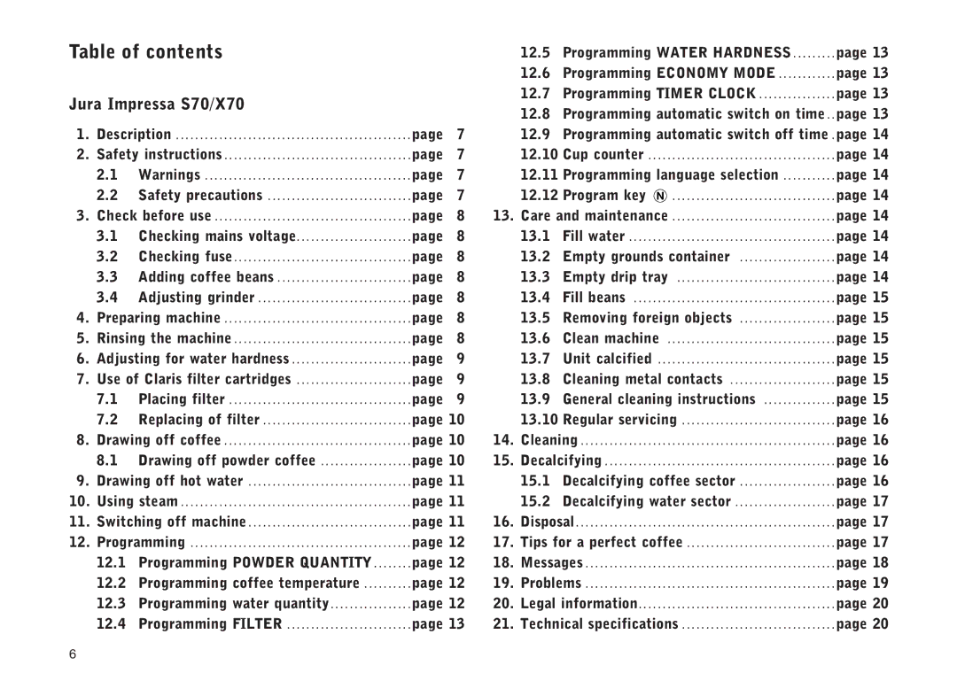 Jura Capresso IMPRESSA S70, IMPRESSA X70 manual Table of contents 