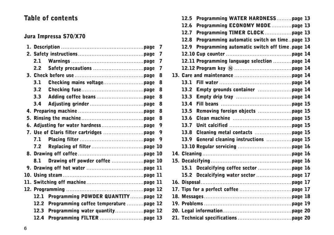 Jura Capresso IMPRESSA S70, IMPRESSA X70 manual Table of contents, Jura Impressa S70/X70 