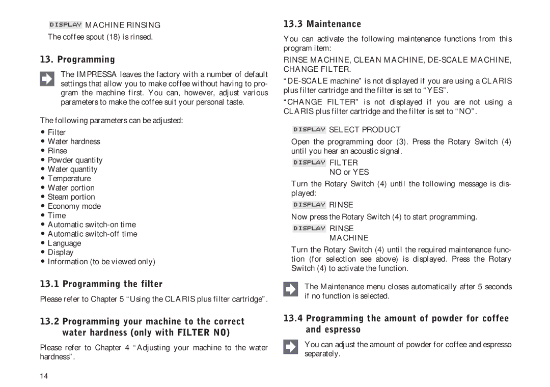 Jura Capresso IMPRESSA S9, S7 manual Programming the filter, Maintenance 