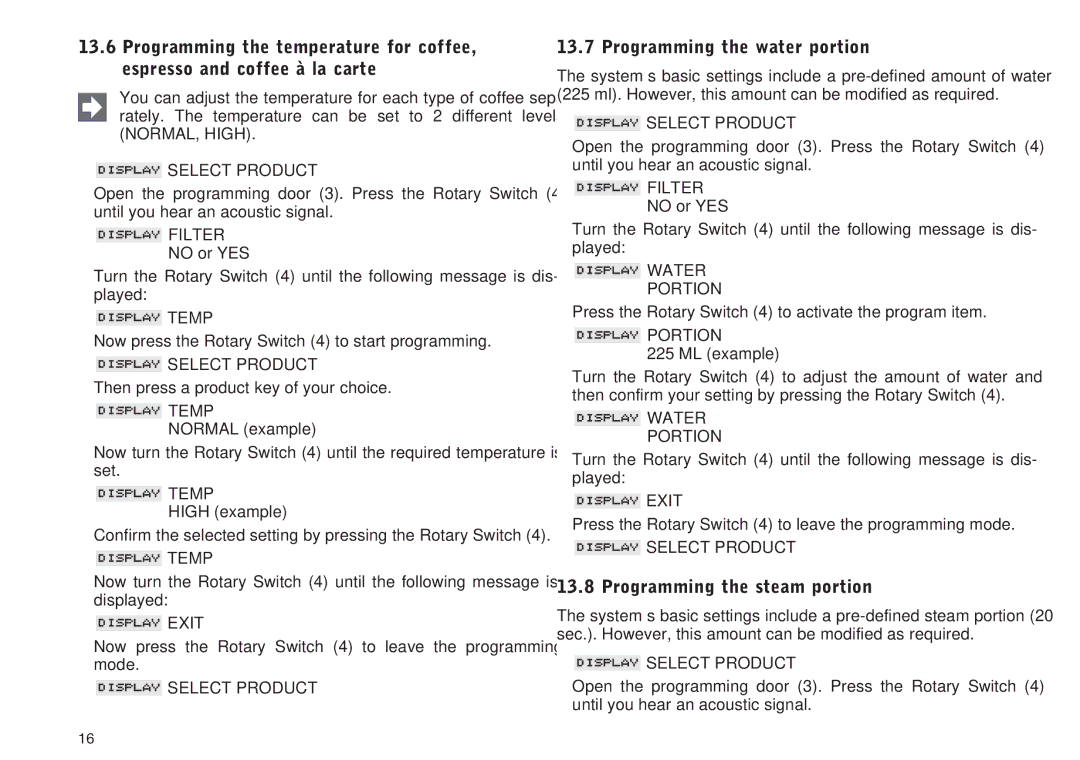 Jura Capresso IMPRESSA S9, S7 manual Programming the water portion, Programming the steam portion,  Temp,  Portion 