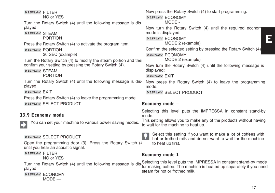 Jura Capresso S7, IMPRESSA S9 manual Economy mode,  Economy Mode 