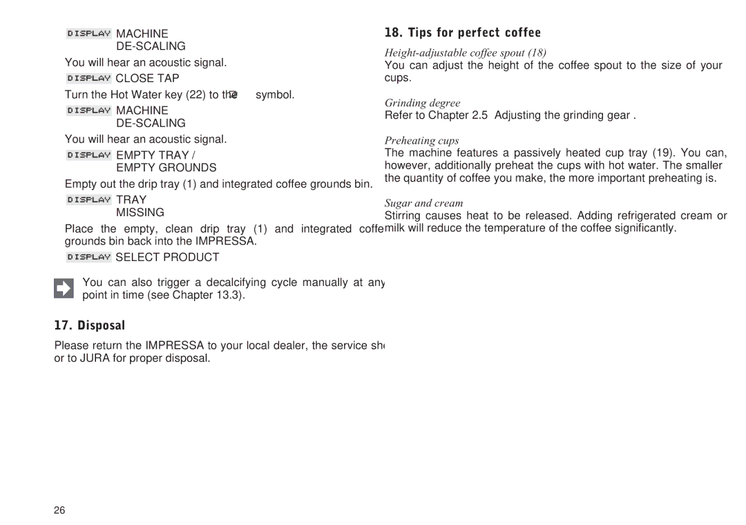 Jura Capresso IMPRESSA S9, S7 manual Disposal, Tips for perfect coffee 