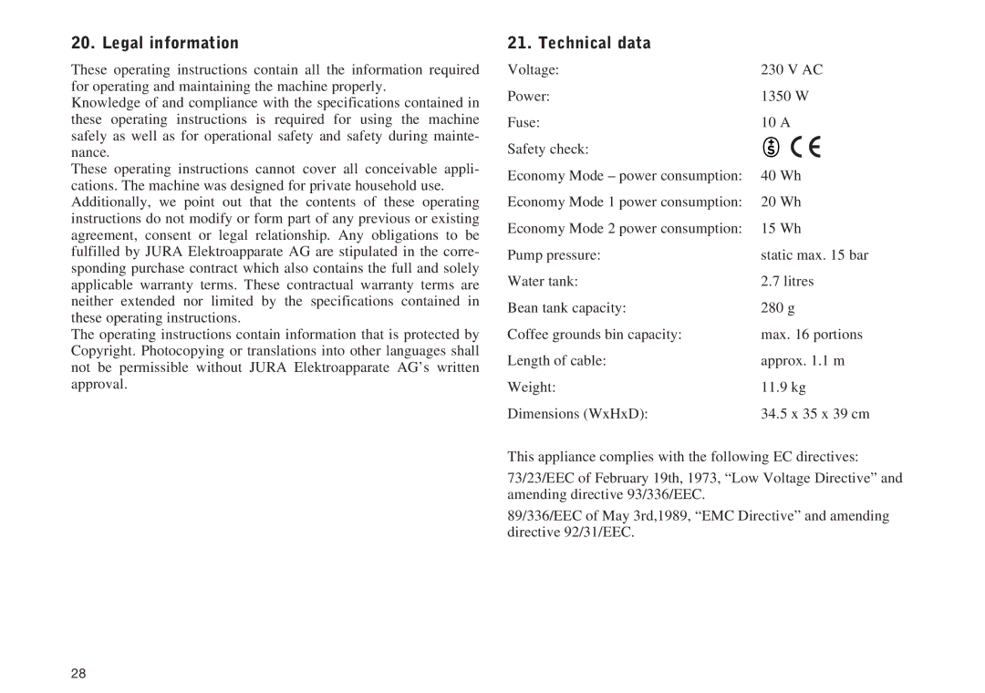 Jura Capresso IMPRESSA S9, S7 manual Legal information, Technical data 