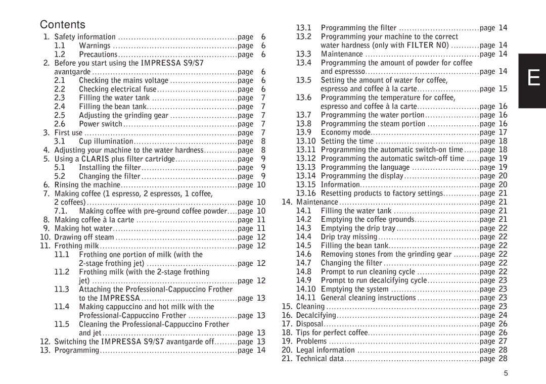 Jura Capresso S7, IMPRESSA S9 manual Contents 