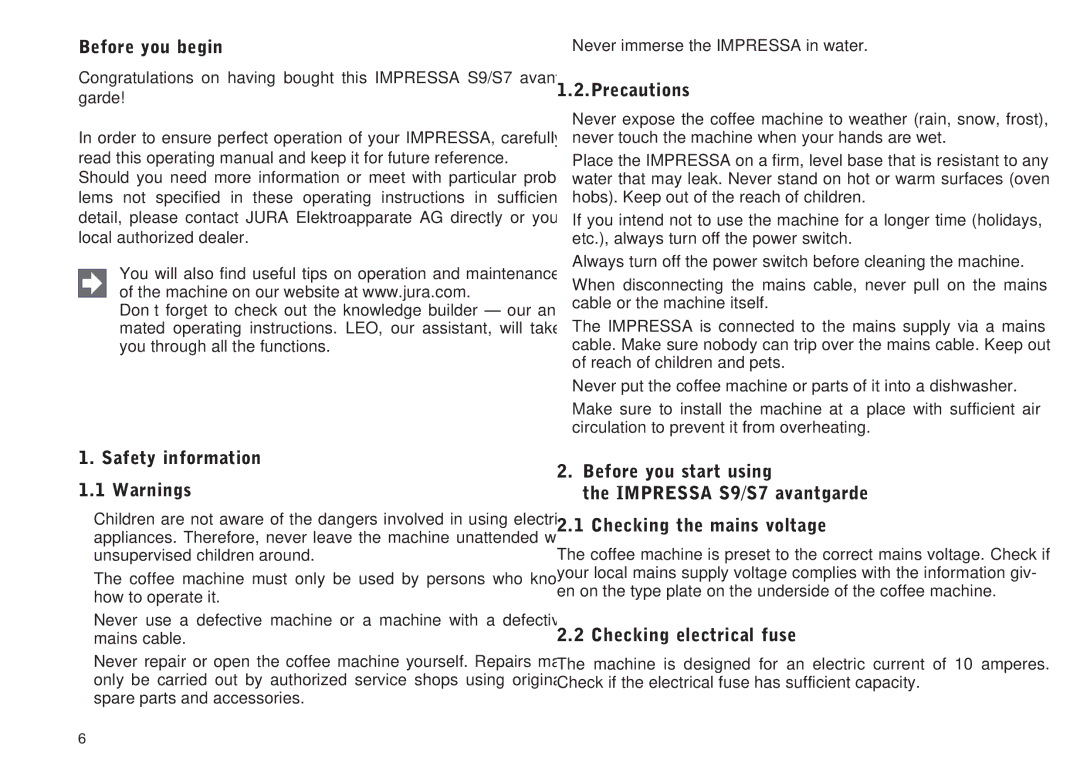 Jura Capresso IMPRESSA S9, S7 Before you begin, Safety information 1.1 Warnings, Precautions, Checking electrical fuse 