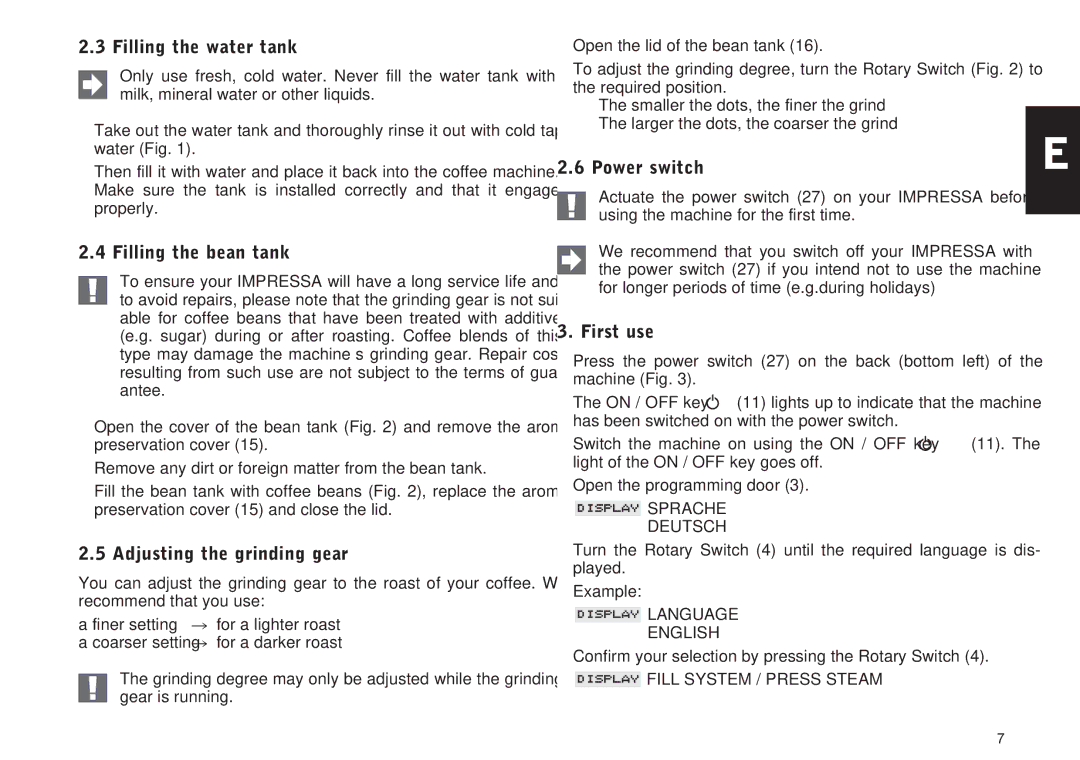 Jura Capresso S7 manual Filling the water tank, Filling the bean tank, Adjusting the grinding gear, Power switch, First use 