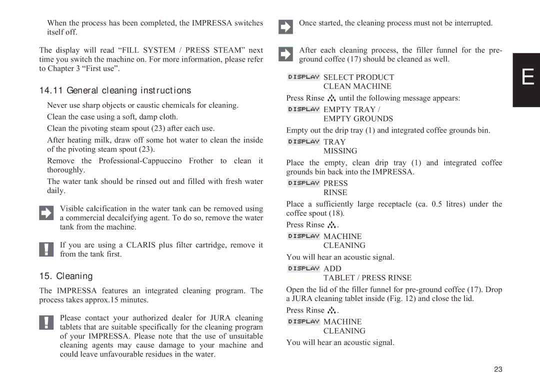 Jura Capresso IMPRESSA S9/S7 manual General cleaning instructions, Cleaning 