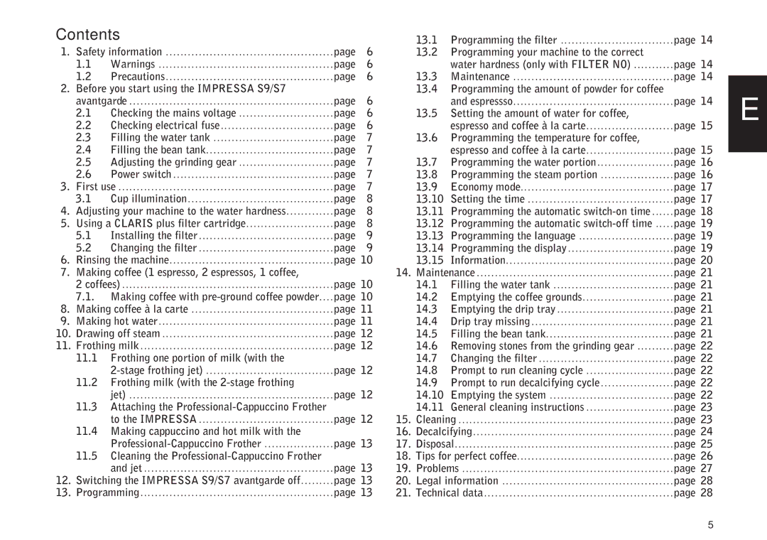 Jura Capresso IMPRESSA S9/S7 manual Contents 