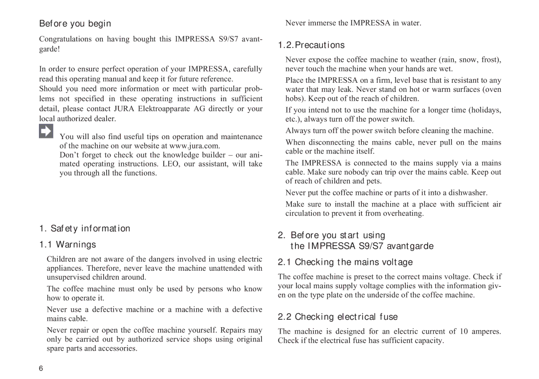 Jura Capresso IMPRESSA S9/S7 Before you begin, Safety information 1.1 Warnings, Precautions, Checking electrical fuse 