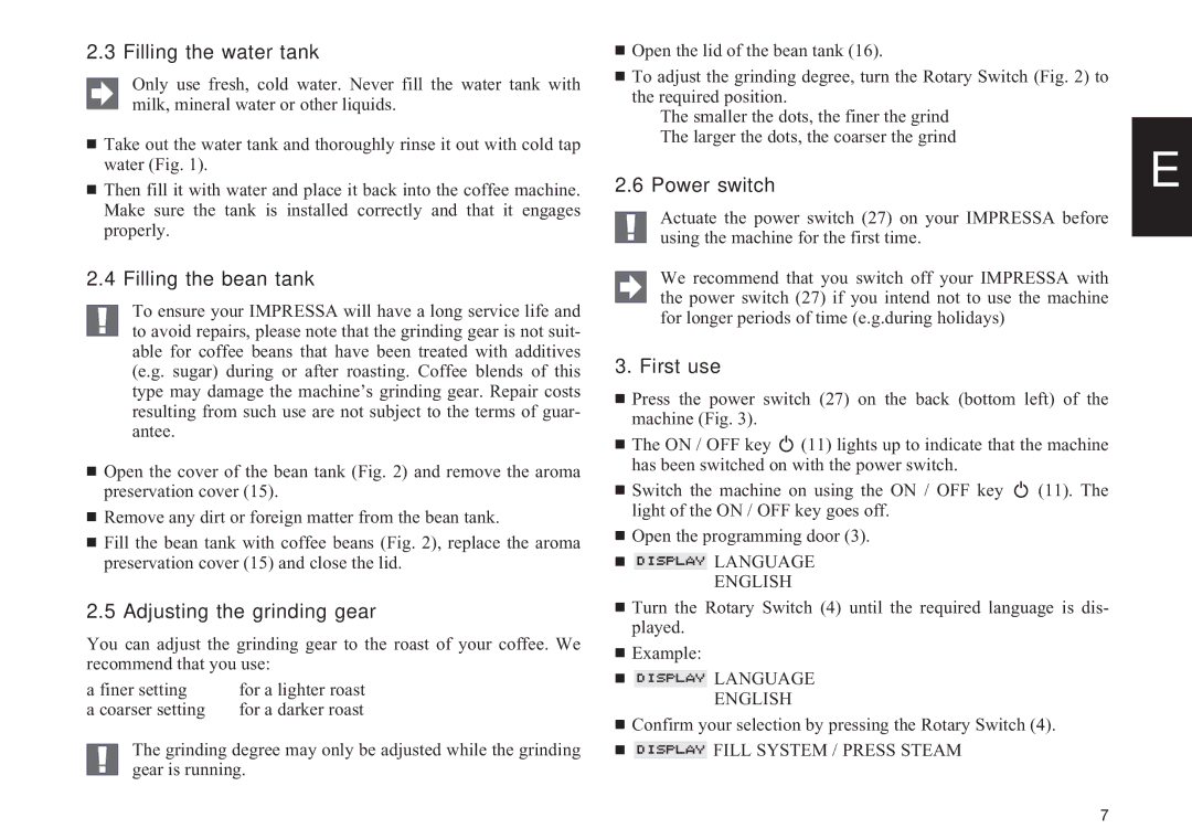 Jura Capresso IMPRESSA S9/S7 Filling the water tank, Filling the bean tank, Adjusting the grinding gear, Power switch 