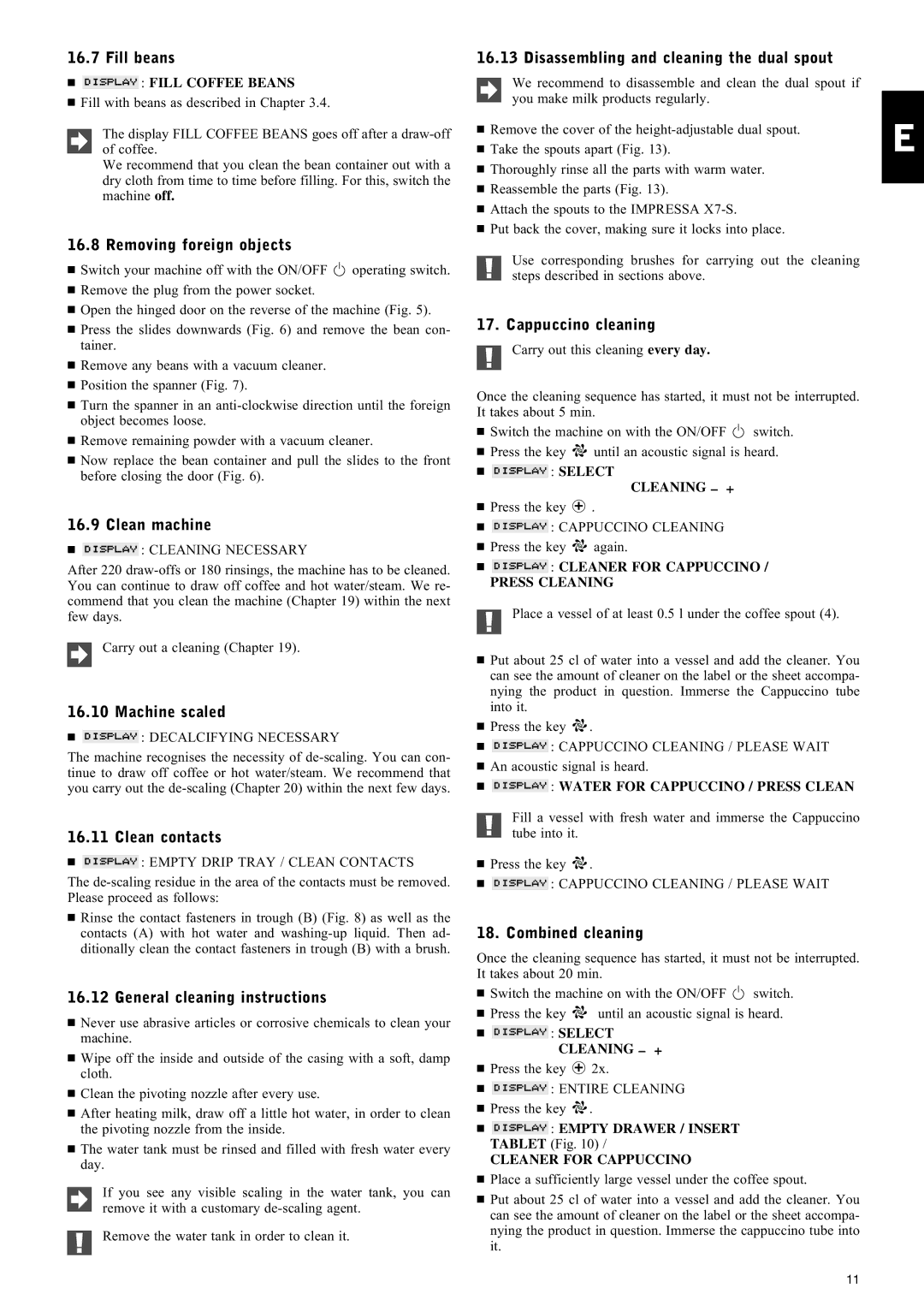 Jura Capresso IMPRESSA X7-S manual Fill beans, Removing foreign objects, Clean machine, Machine scaled, Clean contacts 