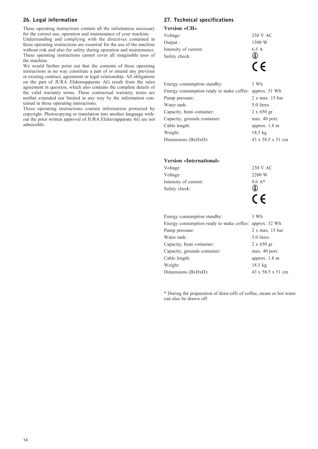 Jura Capresso IMPRESSA X7-S manual Legal information, Technical specifications Version «CH» 