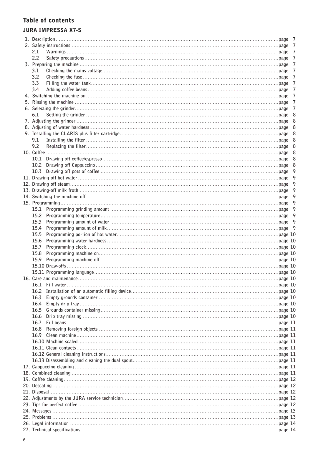 Jura Capresso IMPRESSA X7-S manual Table of contents 