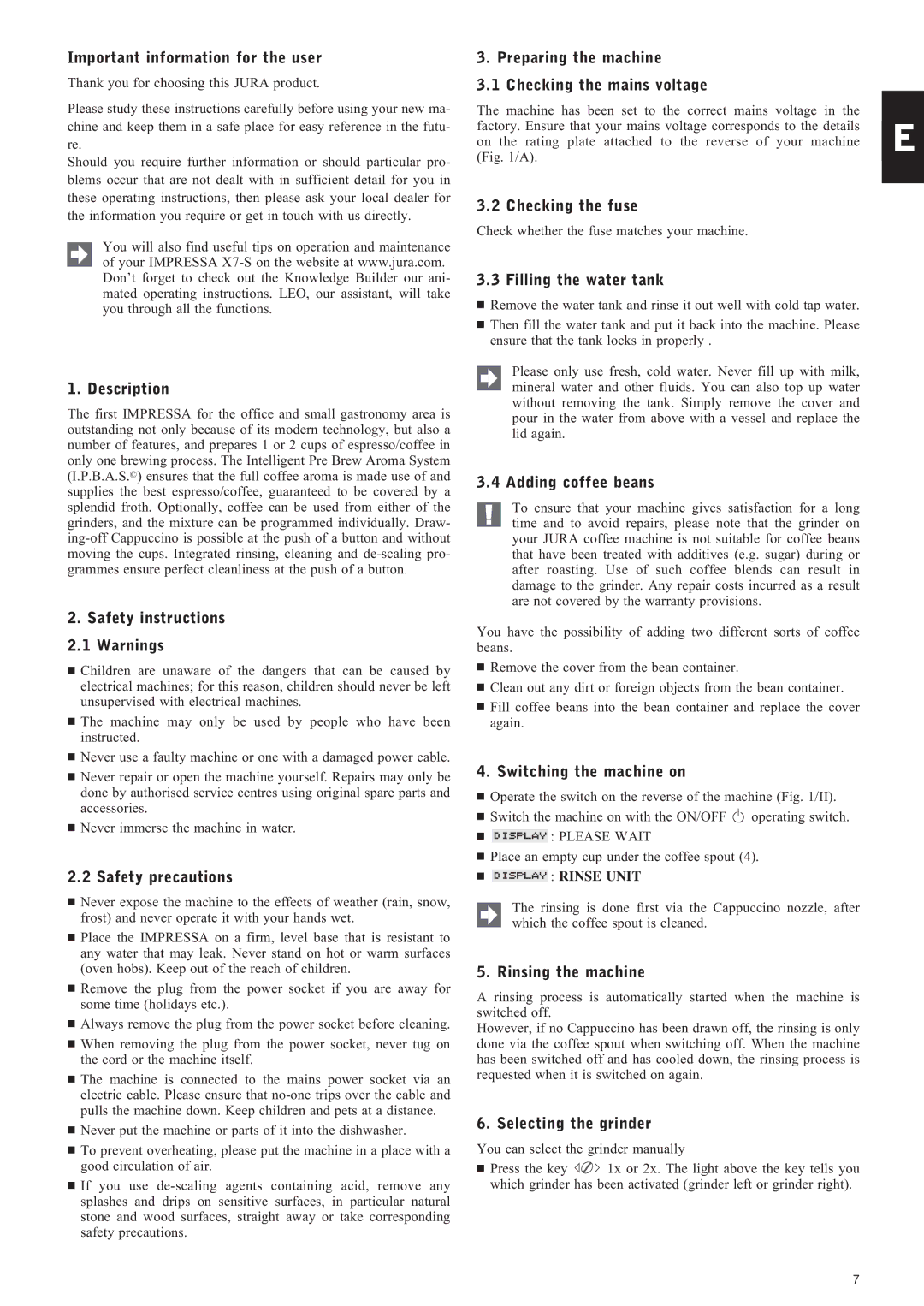 Jura Capresso IMPRESSA X7-S manual Important information for the user, Description, Safety instructions 2.1 Warnings 