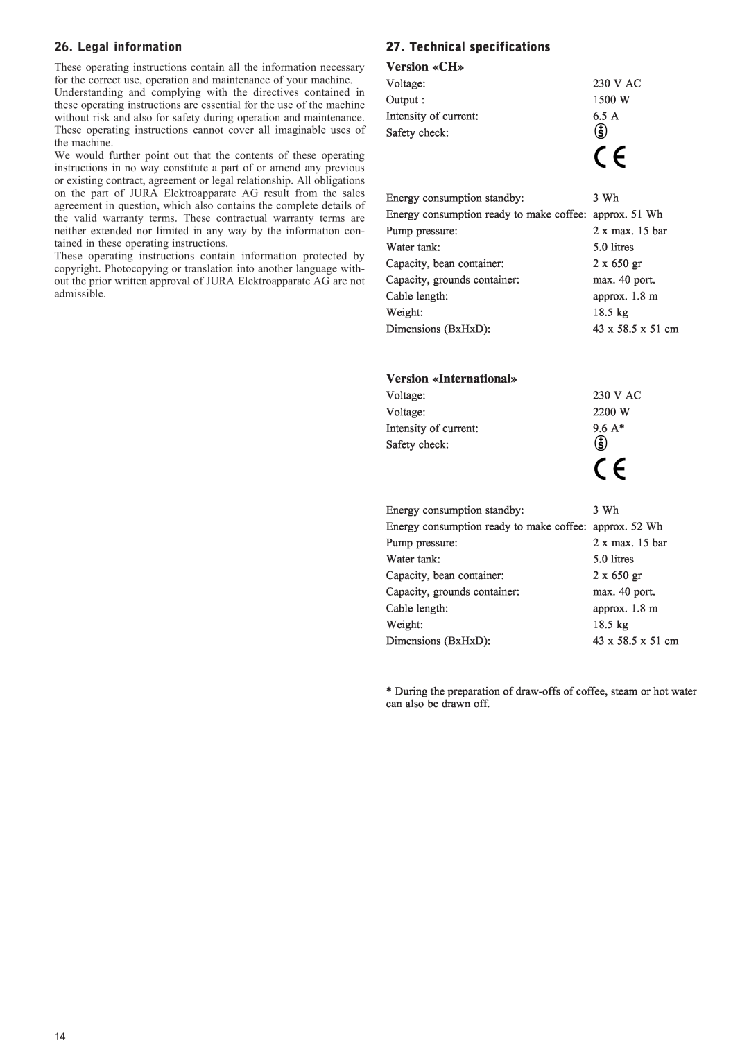 Jura Capresso IMPRESSA X7-S manual Legal information, Technical specifications Version «CH», Version «International» 