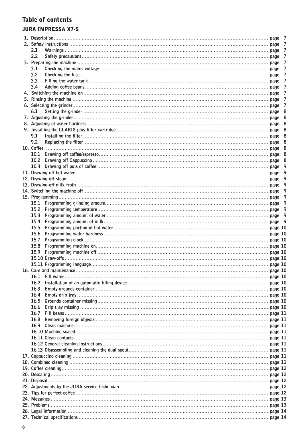 Jura Capresso manual Table of contents, JURA IMPRESSA X7-S 