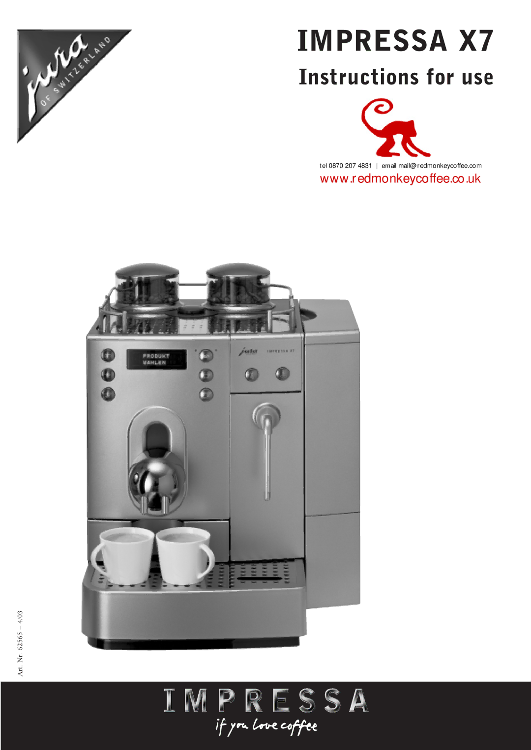 Jura Capresso IMPRESSA X7 manual Impressa 