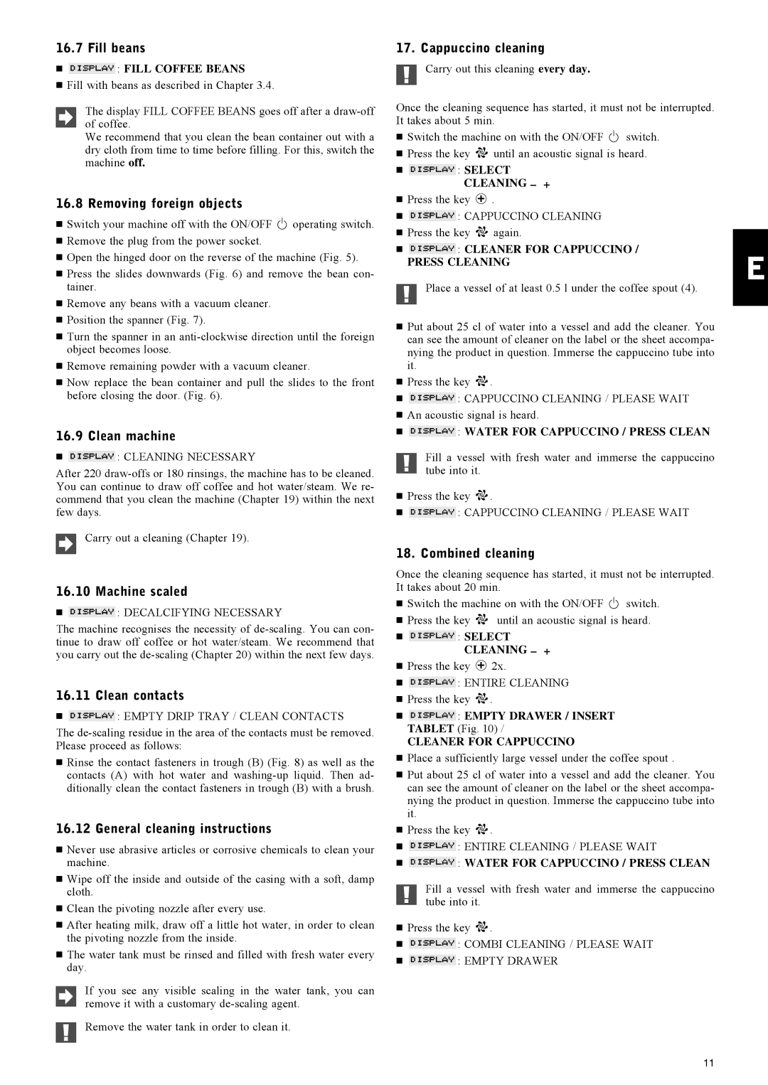 Jura Capresso IMPRESSA X7 manual Fill beans, Removing foreign objects, Clean machine, Machine scaled, Clean contacts 