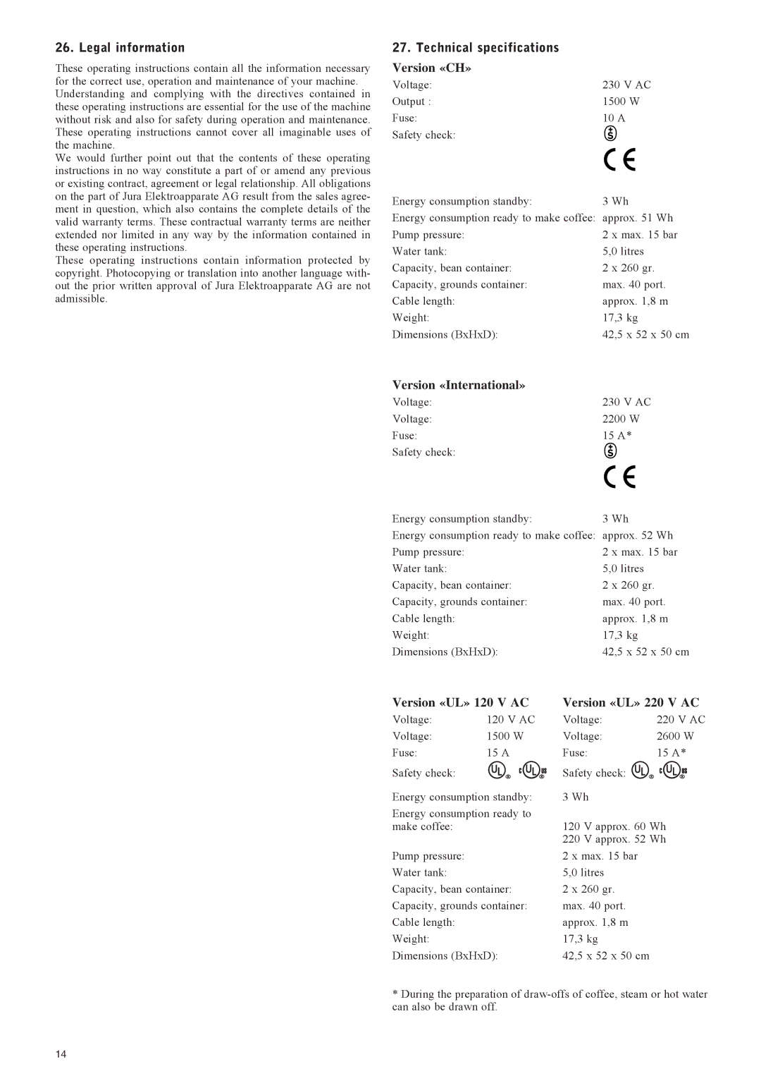 Jura Capresso IMPRESSA X7 manual Legal information, Technical specifications Version «CH» 