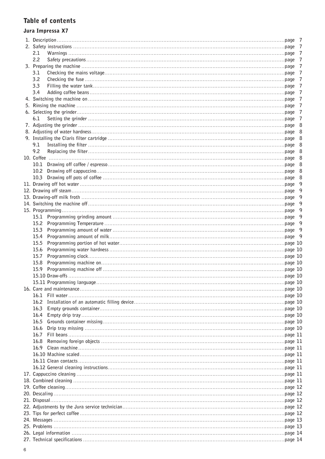 Jura Capresso IMPRESSA X7 manual Table of contents 