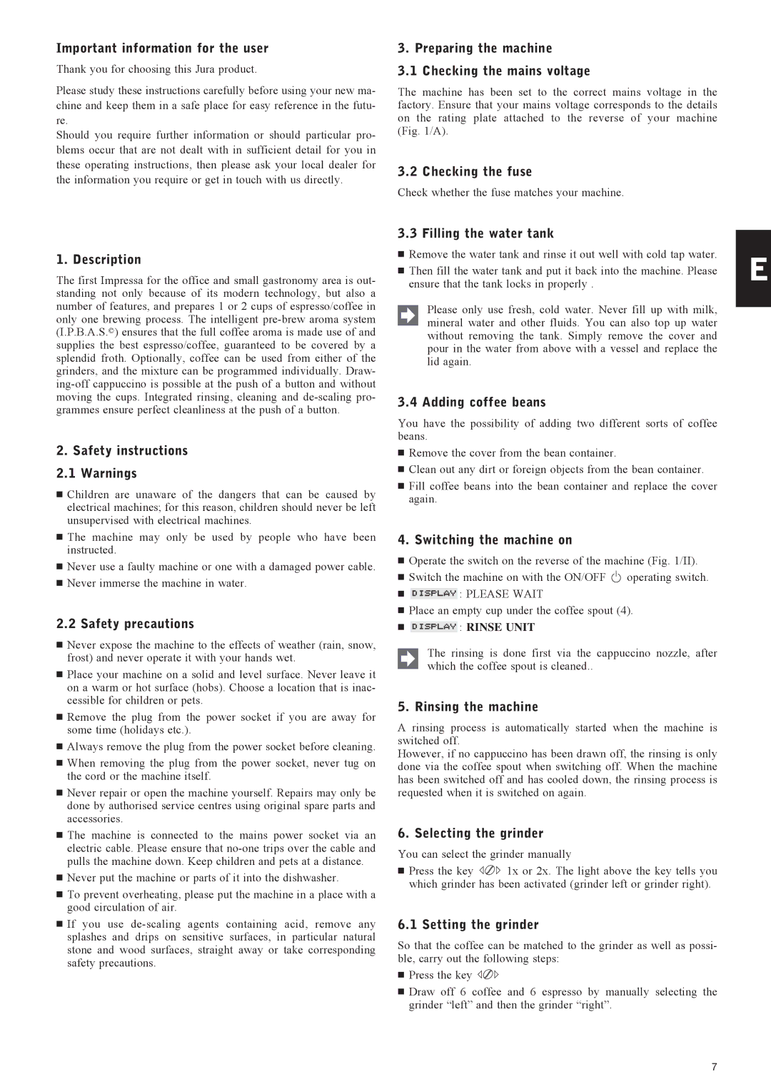 Jura Capresso IMPRESSA X7 manual Important information for the user, Description, Safety instructions, Safety precautions 