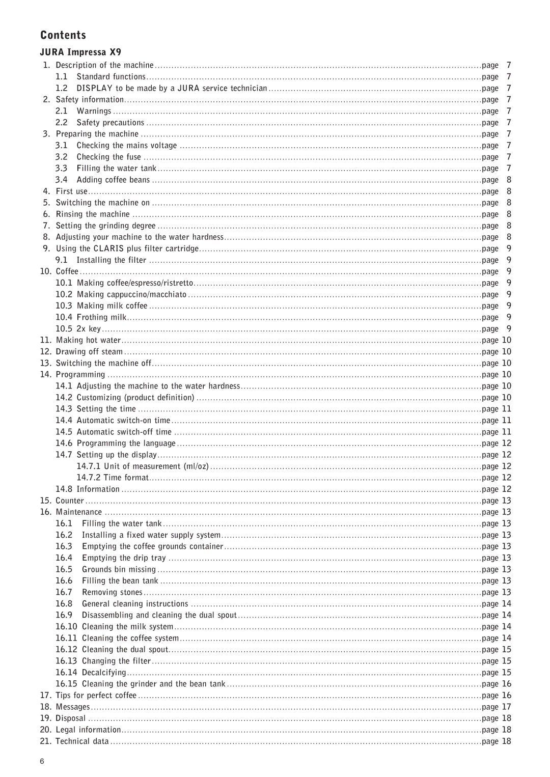 Jura Capresso IMPRESSA X9 manual Contents 