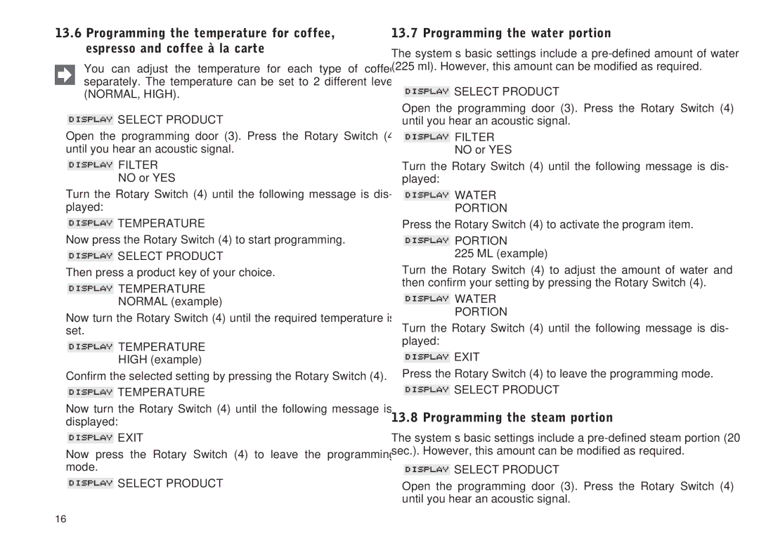 Jura Capresso IMPRESSA XS90, 95 Programming the water portion, Programming the steam portion,  Temperature,  Portion 