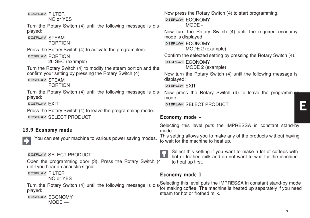 Jura Capresso 95, IMPRESSA XS90 manual Economy mode,  Economy Mode, Select Product 