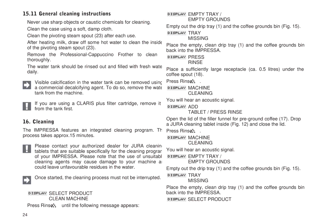 Jura Capresso IMPRESSA XS90, 95 manual General cleaning instructions, Cleaning 