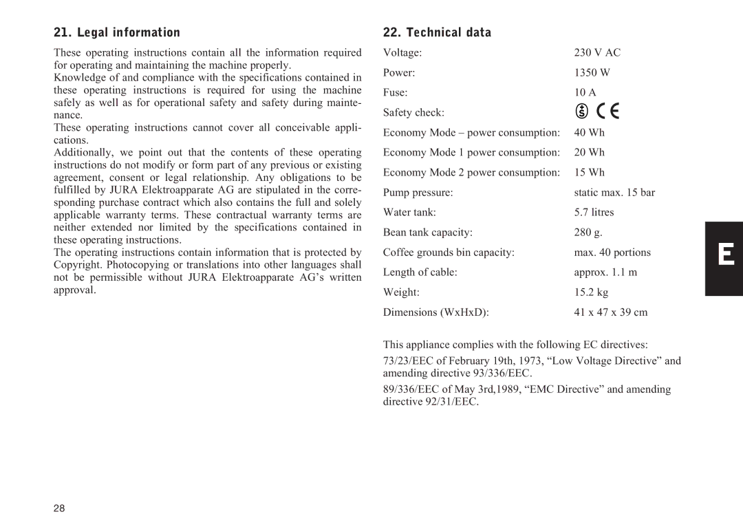 Jura Capresso IMPRESSA XS90, 95 manual Legal information, Technical data 